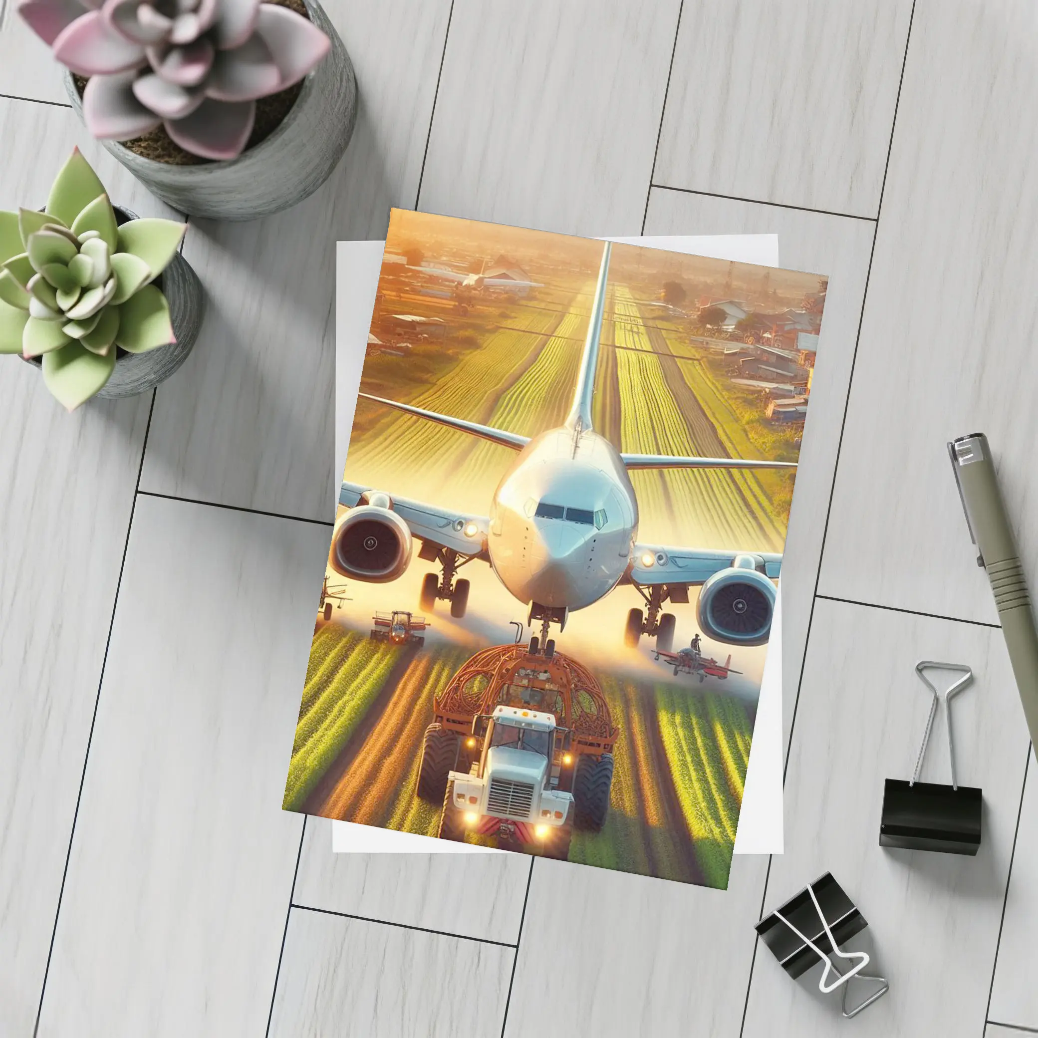 Airplane And Tractor On Rural Runway – Postcards