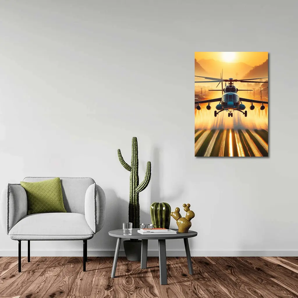 Military Helicopter Flying Over Fields Sunset – Wall Art