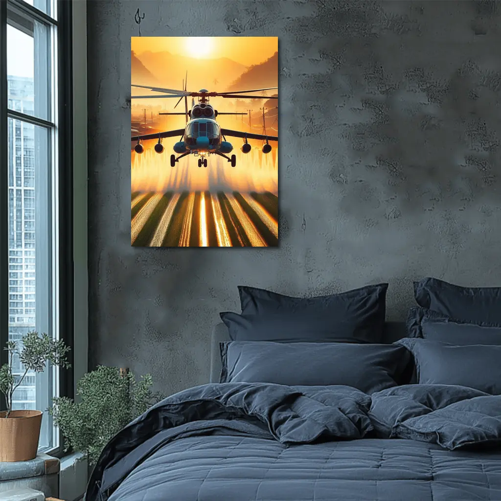Military Helicopter Flying Over Fields Sunset – Wall Art