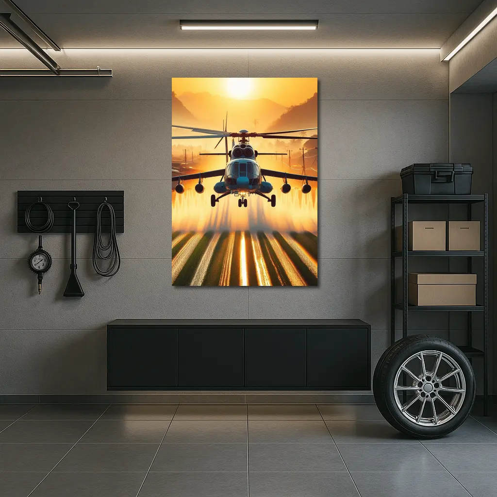 Military Helicopter Flying Over Fields Sunset – Wall Art