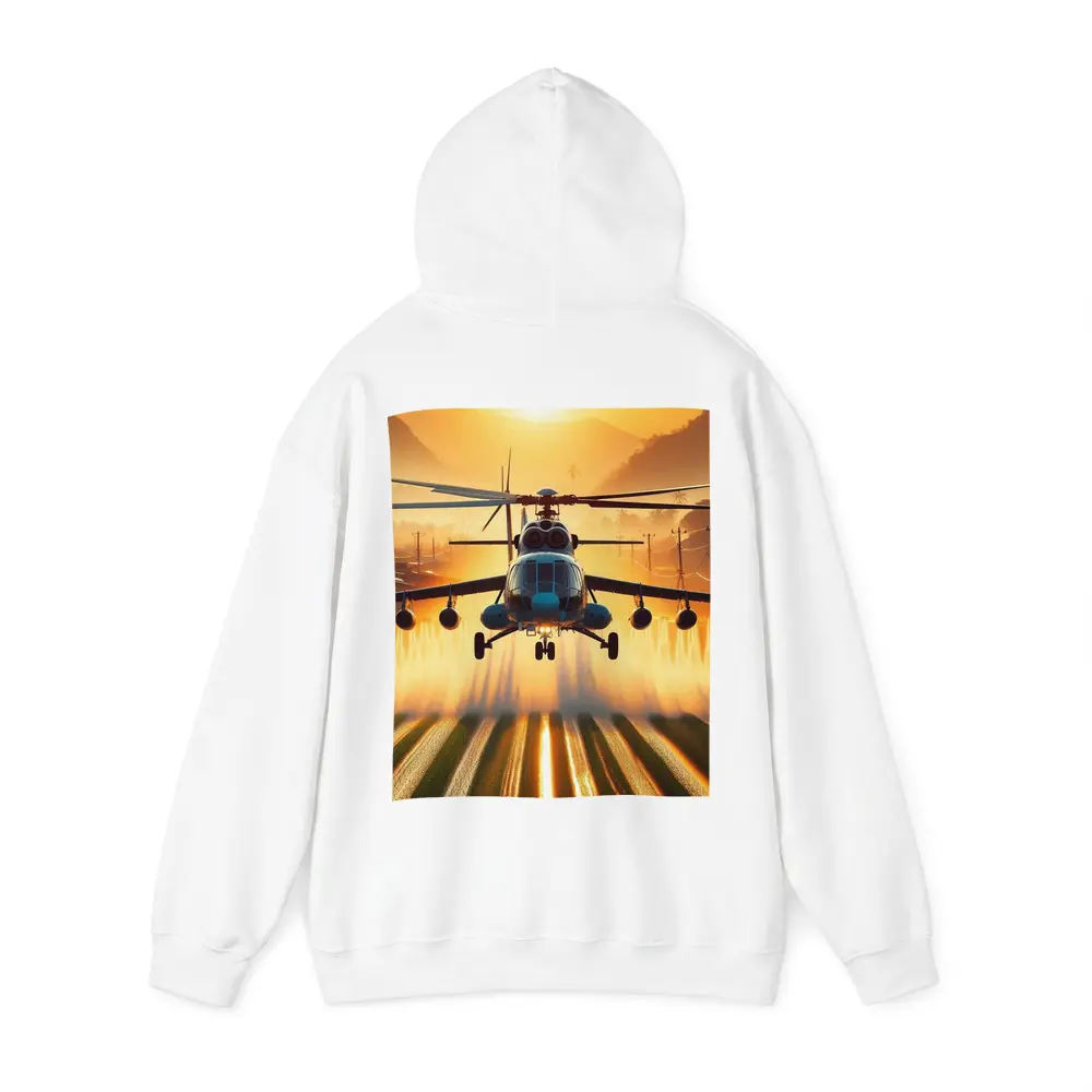 Military Helicopter Flying Over Fields Sunset – Hoodies