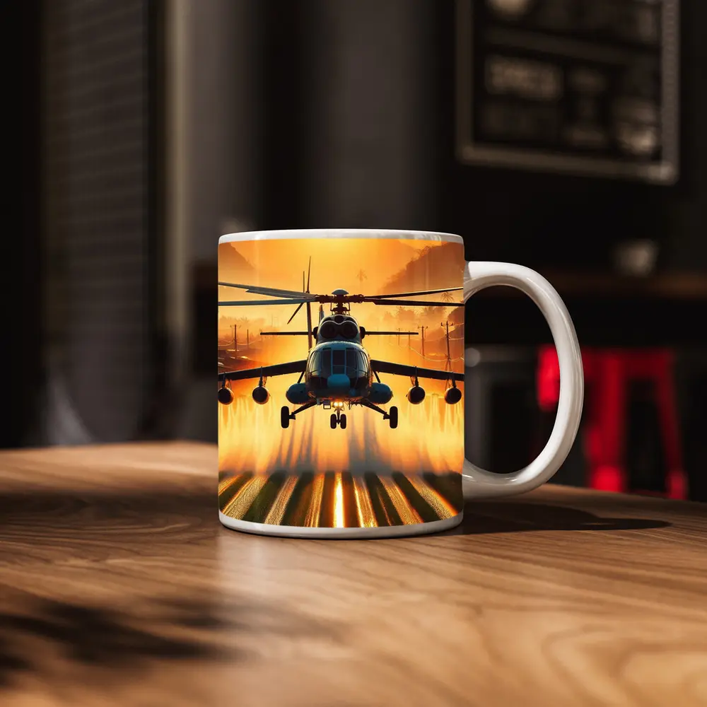 Military Helicopter Flying Over Fields Sunset – Mugs