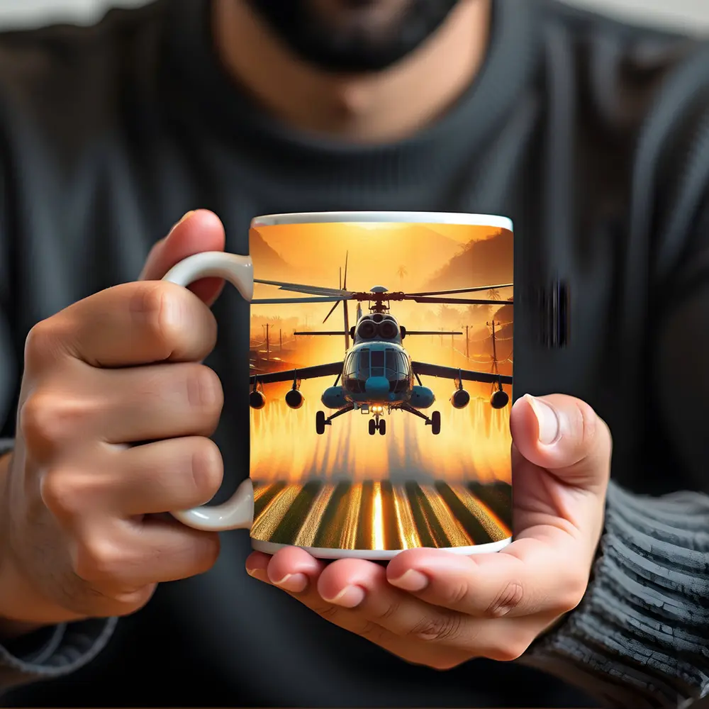 Military Helicopter Flying Over Fields Sunset – Mugs
