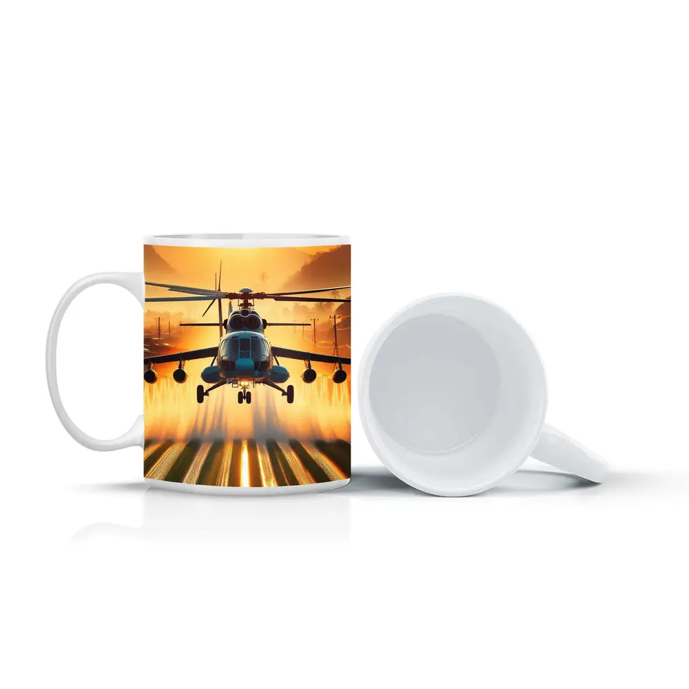 Military Helicopter Flying Over Fields Sunset – Mugs