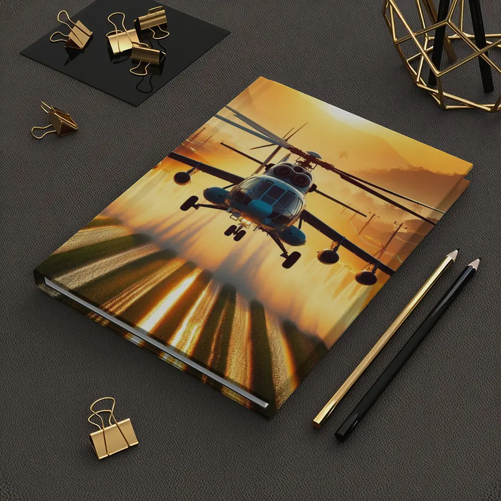 Military Helicopter Flying Over Fields Sunset – Notebooks