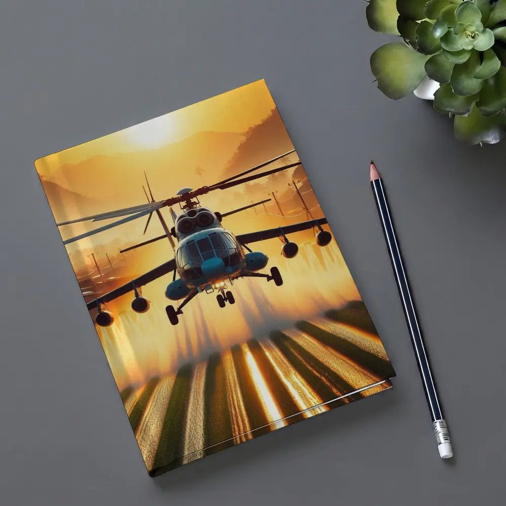 Military Helicopter Flying Over Fields Sunset – Notebooks