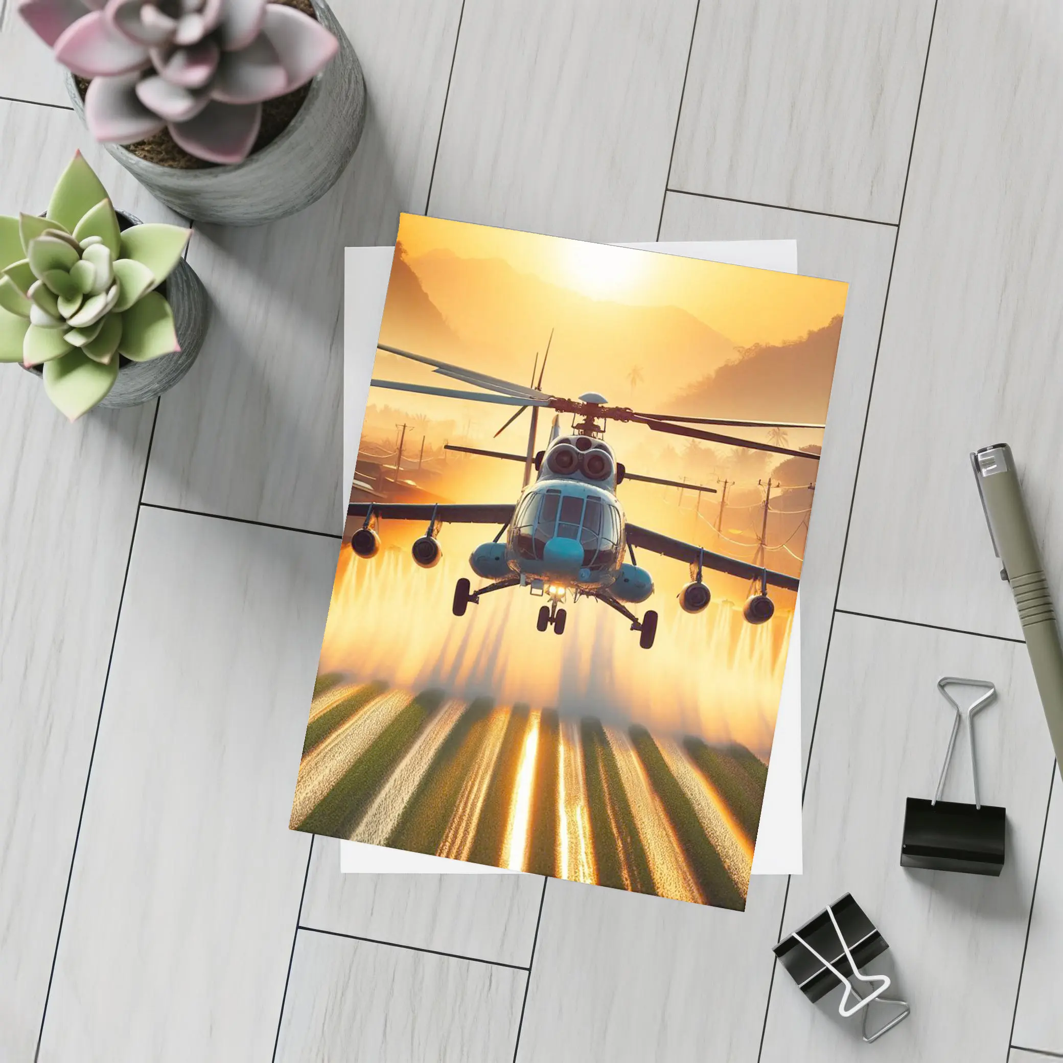 Military Helicopter Flying Over Fields Sunset – Postcards
