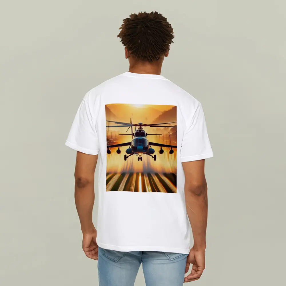 Military Helicopter Flying Over Fields Sunset – T-Shirts