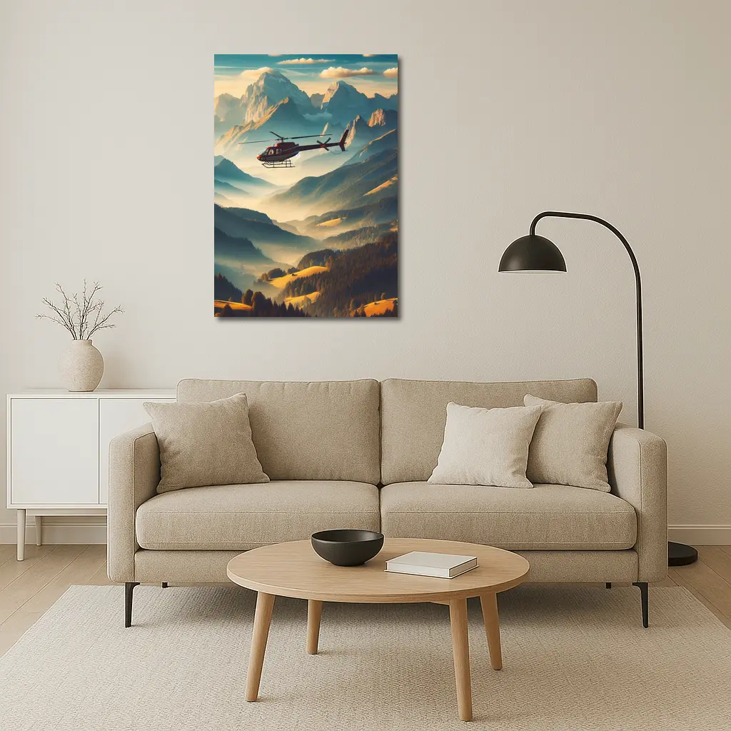 Red Helicopter Flying Over Alpine Mountain Valley – Wall Art
