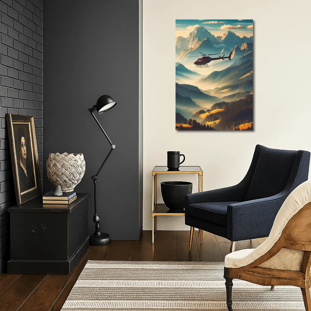 Red Helicopter Flying Over Alpine Mountain Valley – Wall Art