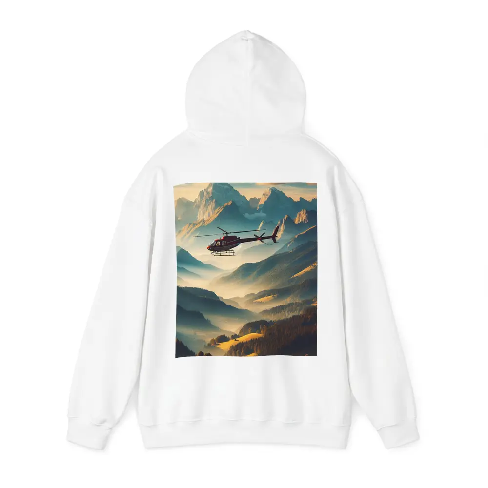 Red Helicopter Flying Over Alpine Mountain Valley – Hoodies