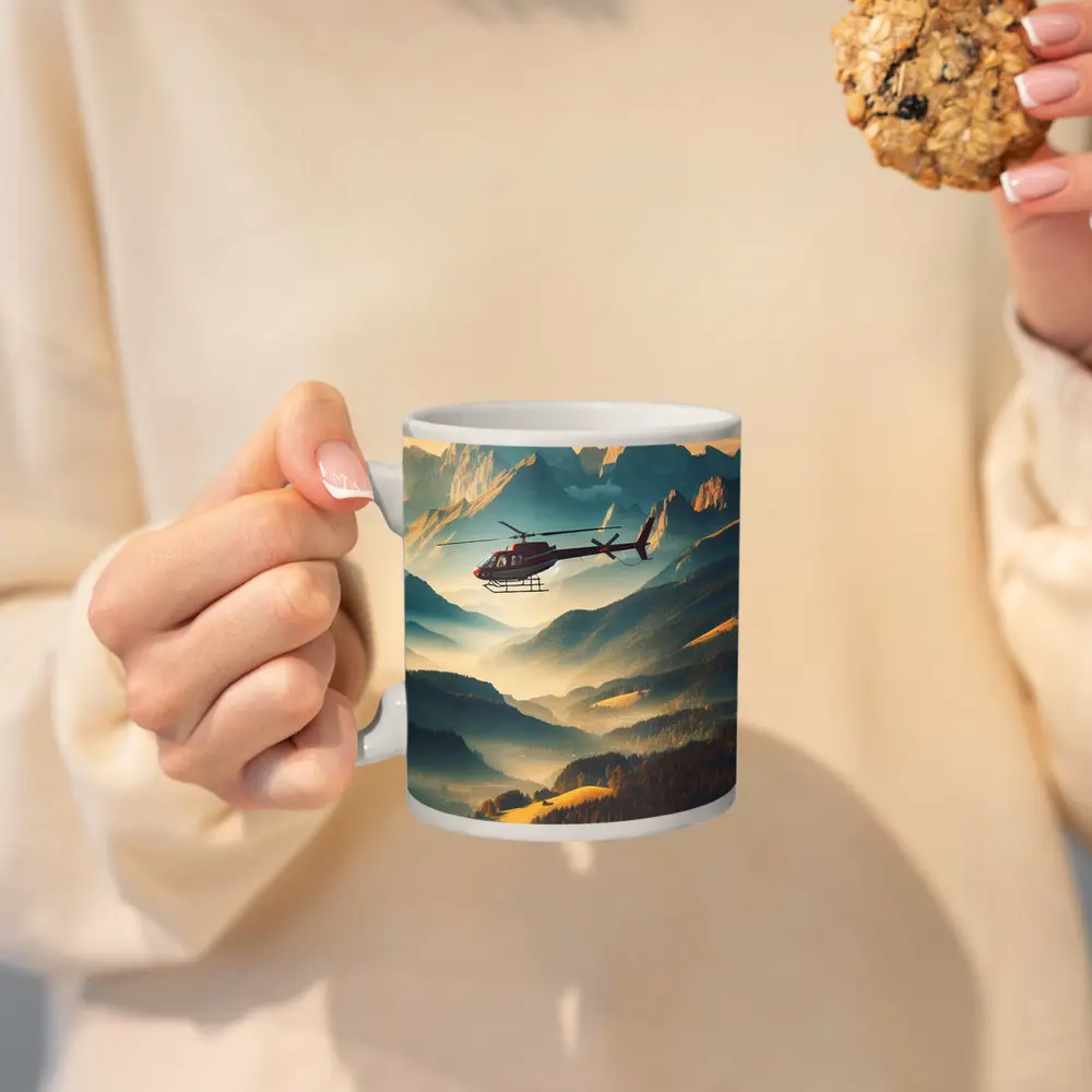 Red Helicopter Flying Over Alpine Mountain Valley – Mugs