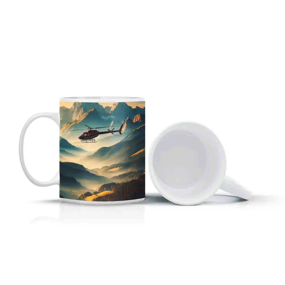 Red Helicopter Flying Over Alpine Mountain Valley – Mugs