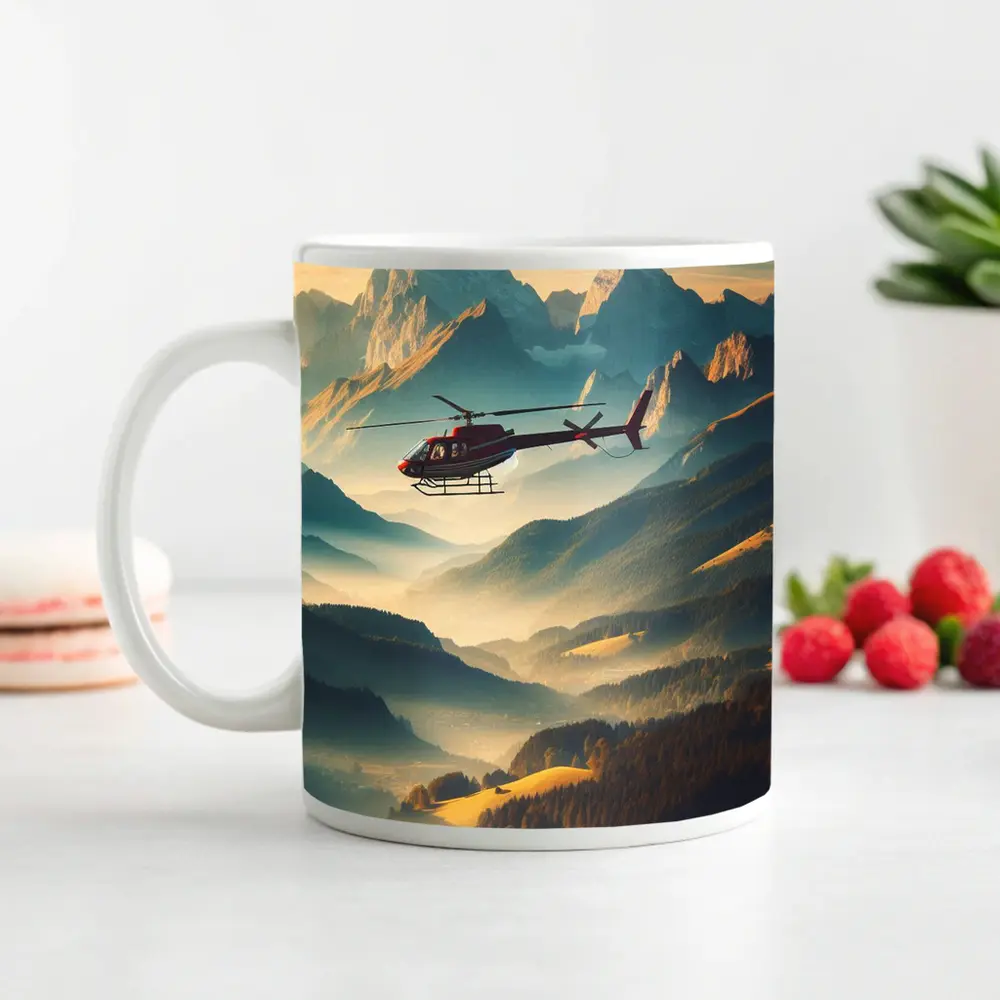 Red Helicopter Flying Over Alpine Mountain Valley – Mugs