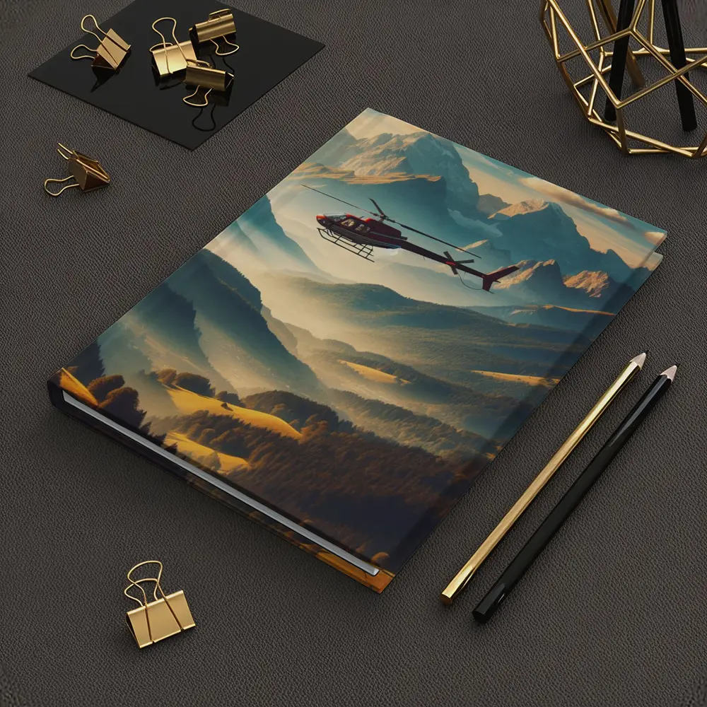 Red Helicopter Flying Over Alpine Mountain Valley – Notebooks