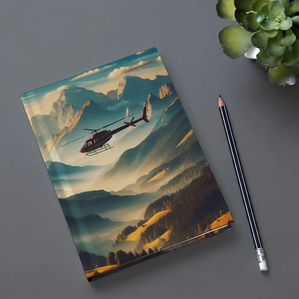 Red Helicopter Flying Over Alpine Mountain Valley – Notebooks