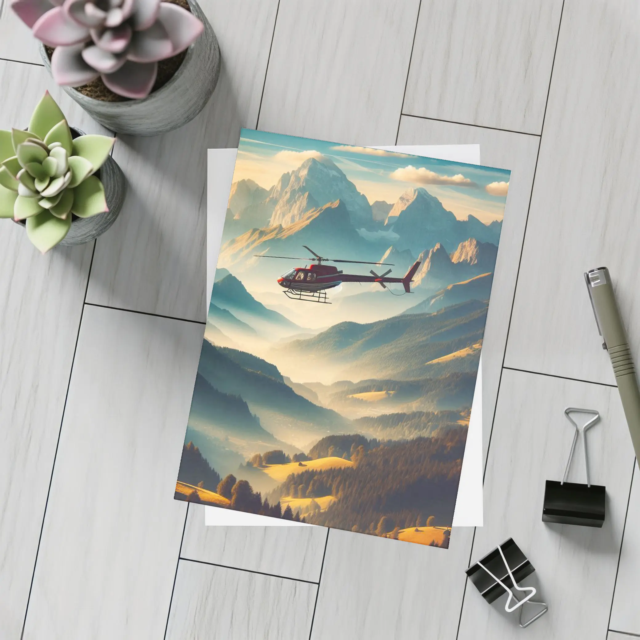 Red Helicopter Flying Over Alpine Mountain Valley – Postcards