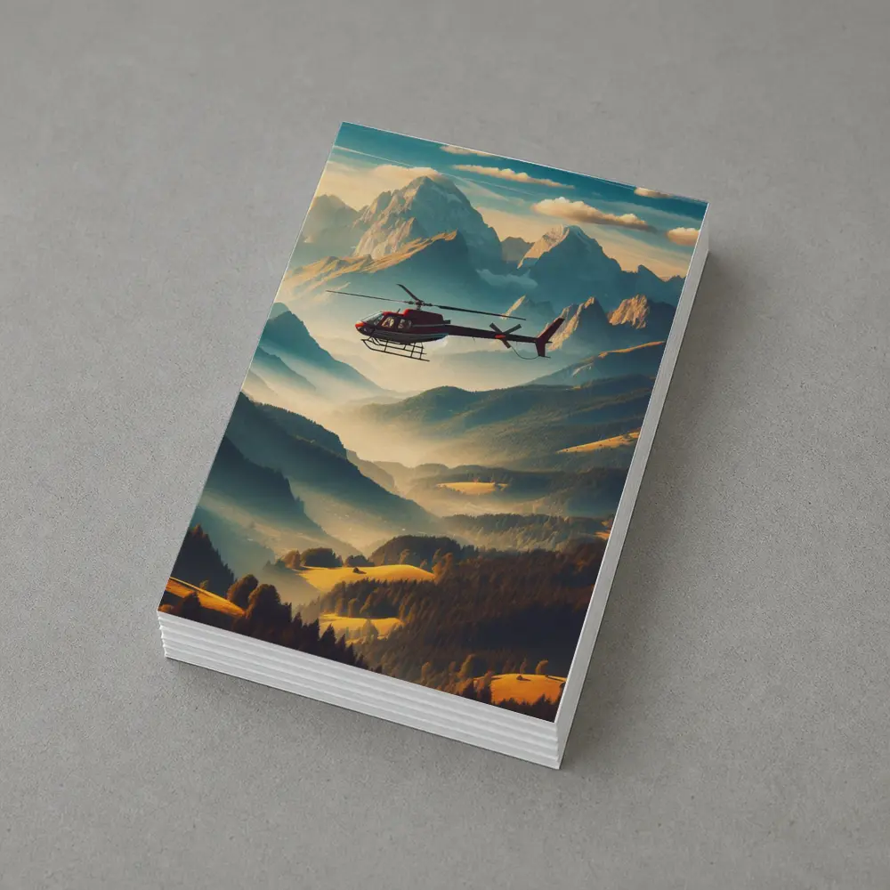 Red Helicopter Flying Over Alpine Mountain Valley – Postcards