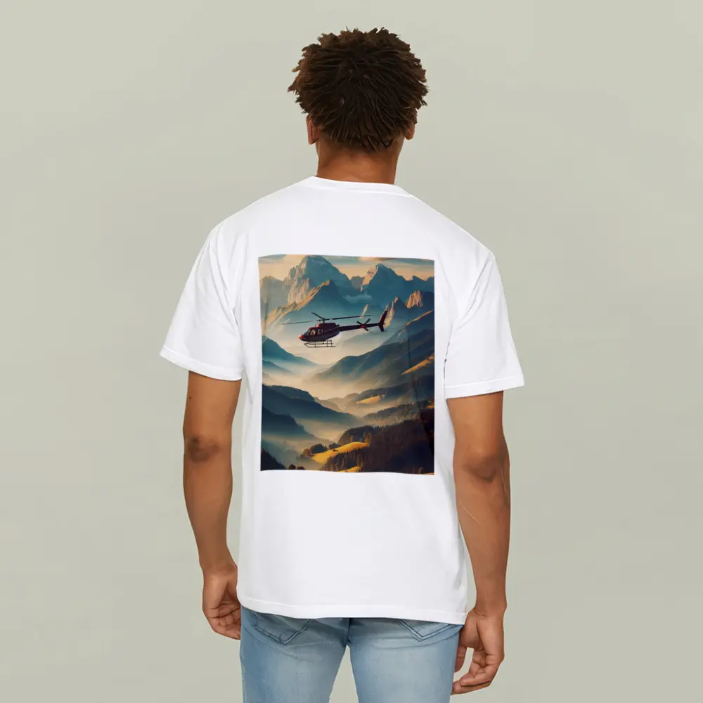 Red Helicopter Flying Over Alpine Mountain Valley – T-Shirts