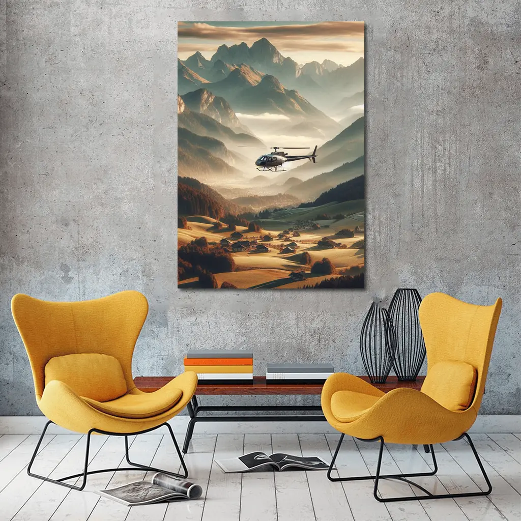 Helicopter Flying Over Alpine Mountain Valley – Wall Art