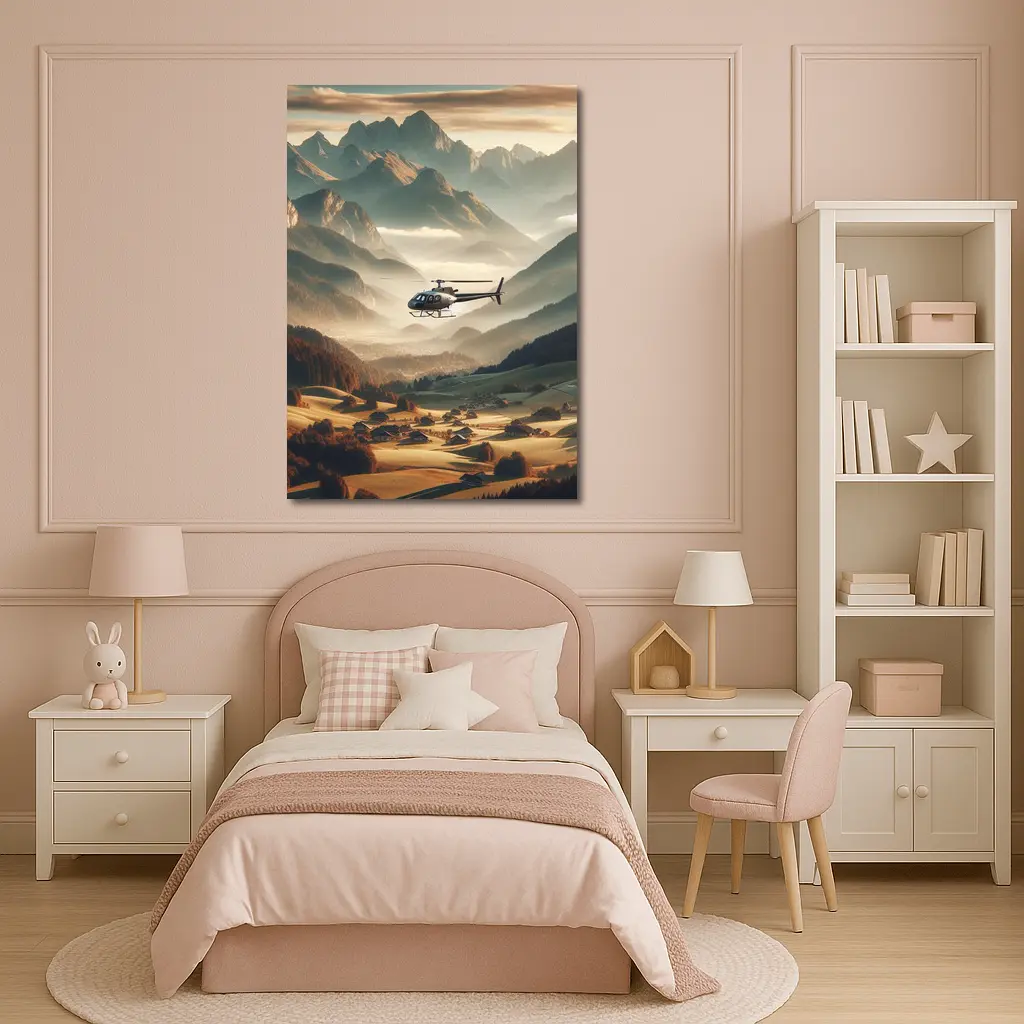 Helicopter Flying Over Alpine Mountain Valley – Wall Art