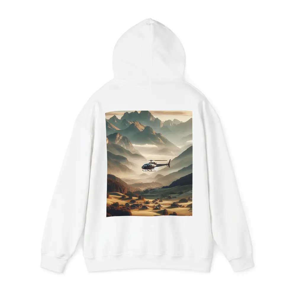 Helicopter Flying Over Alpine Mountain Valley – Hoodies