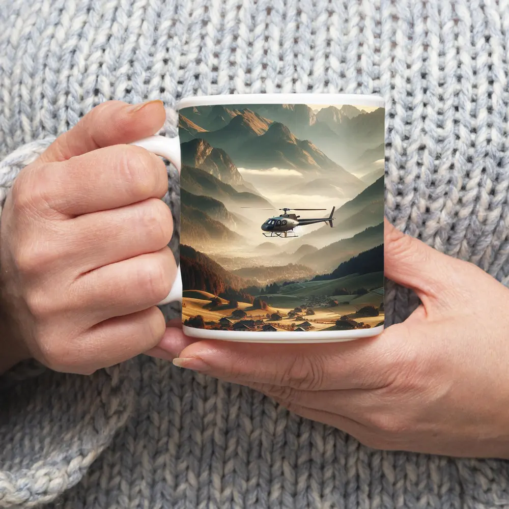 Helicopter Flying Over Alpine Mountain Valley – Mugs