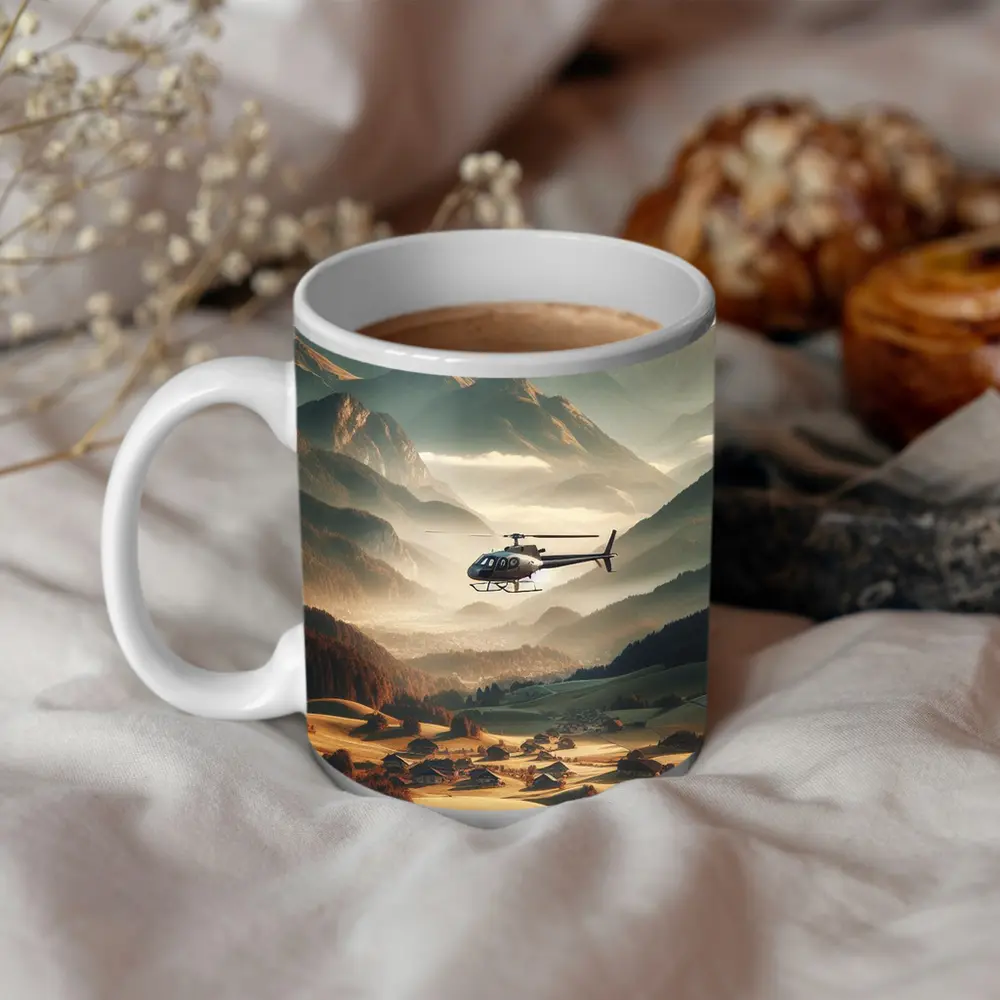 Helicopter Flying Over Alpine Mountain Valley – Mugs
