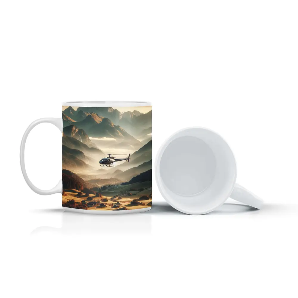 Helicopter Flying Over Alpine Mountain Valley – Mugs