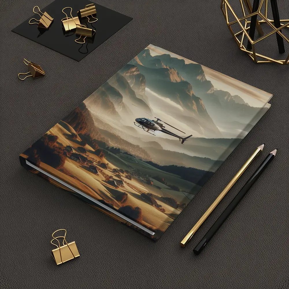 Helicopter Flying Over Alpine Mountain Valley – Notebooks