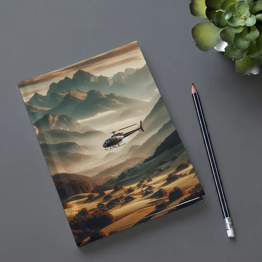 Helicopter Flying Over Alpine Mountain Valley – Notebooks