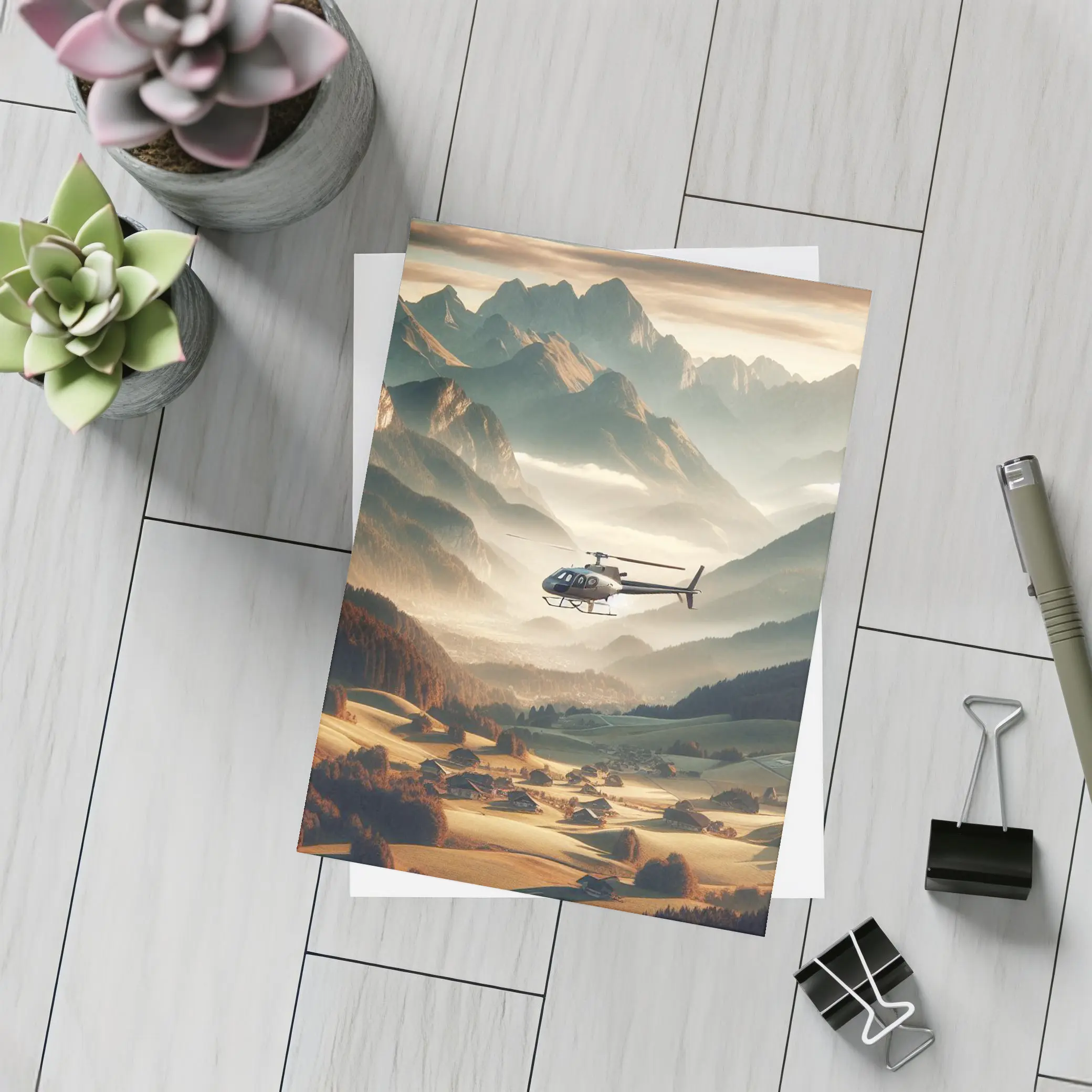 Helicopter Flying Over Alpine Mountain Valley – Postcards
