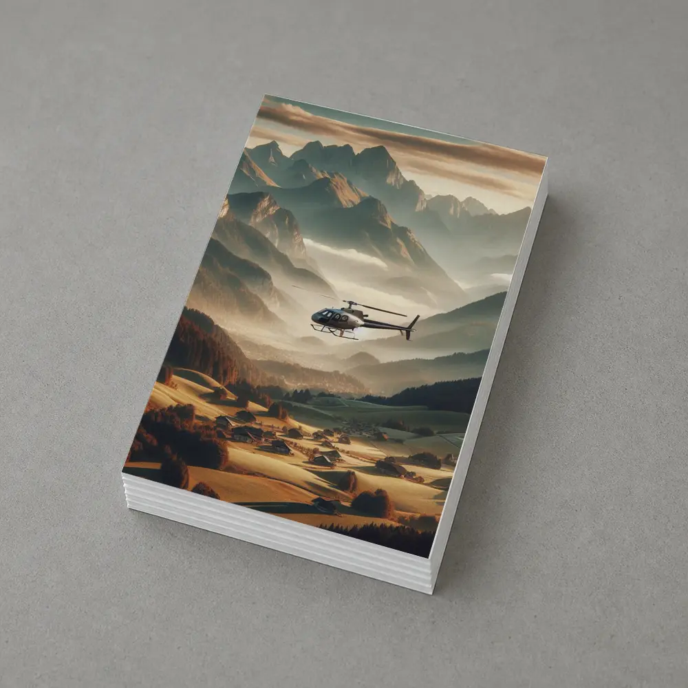 Helicopter Flying Over Alpine Mountain Valley – Postcards