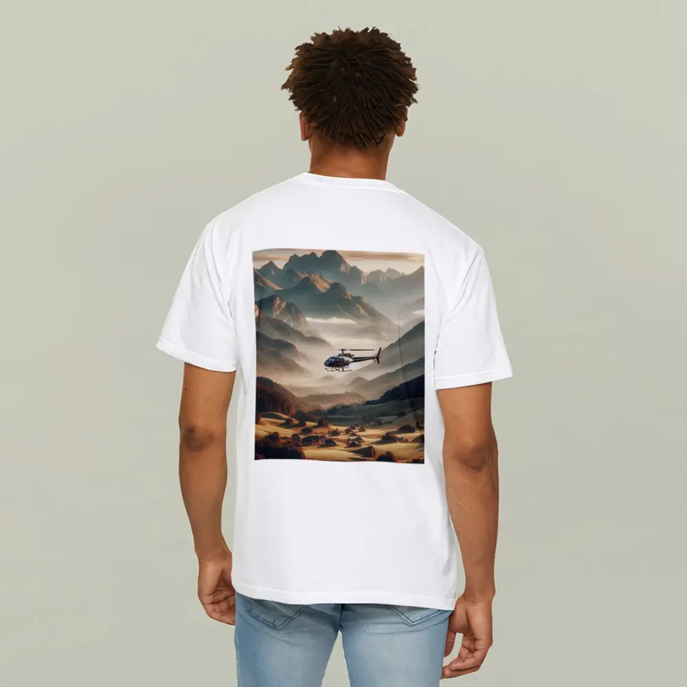 Helicopter Flying Over Alpine Mountain Valley – T-Shirts