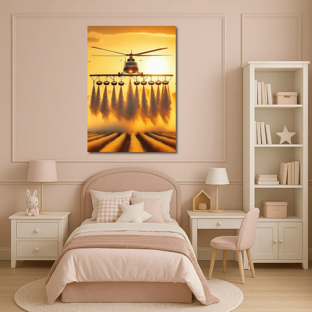 Agricultural Helicopter Spraying Fields Golden Sunset – Wall Art