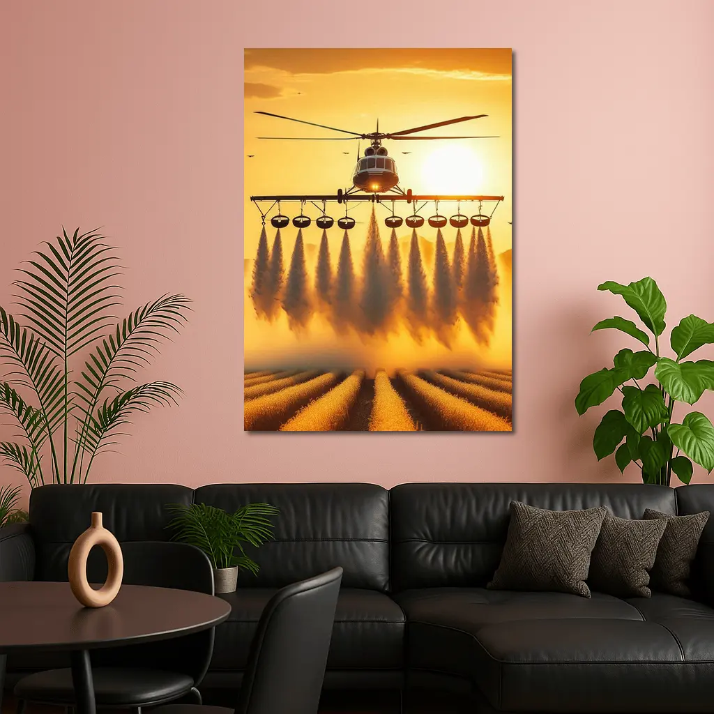 Agricultural Helicopter Spraying Fields Golden Sunset – Wall Art