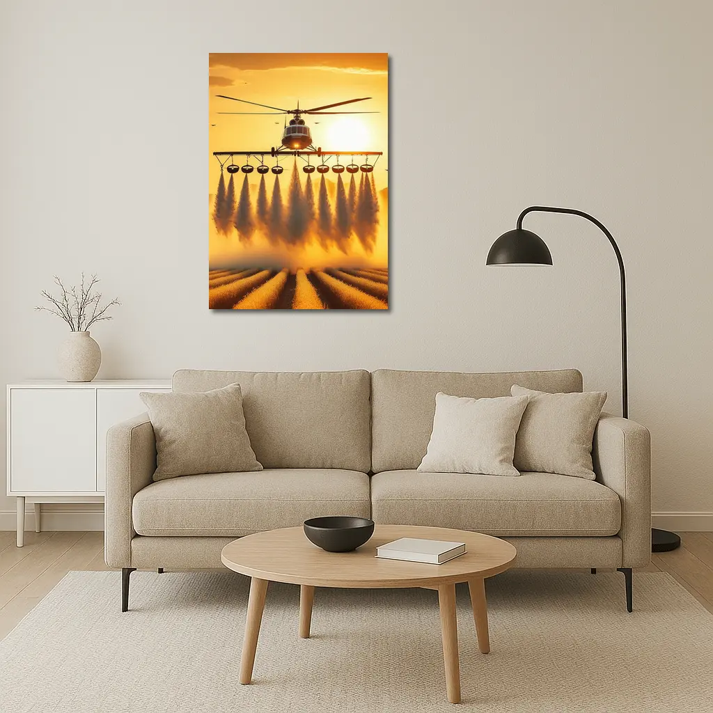Agricultural Helicopter Spraying Fields Golden Sunset – Wall Art