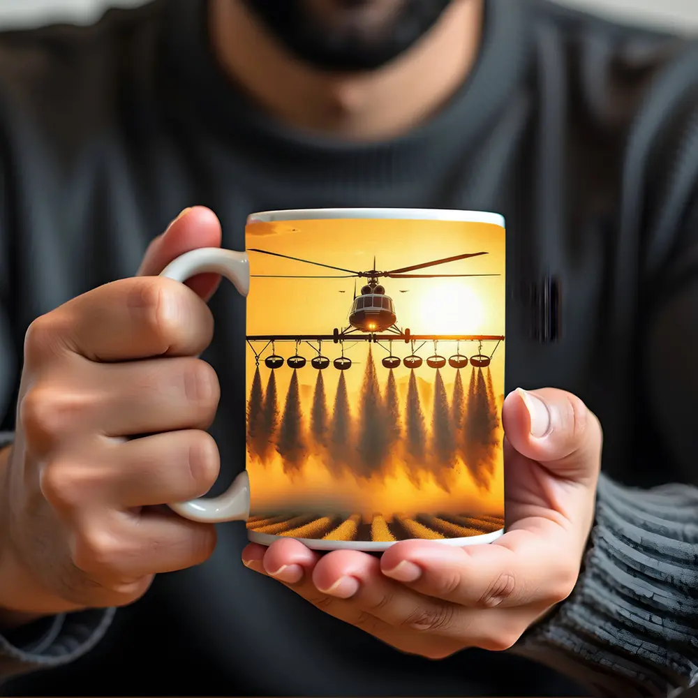 Agricultural Helicopter Spraying Fields Golden Sunset – Mugs