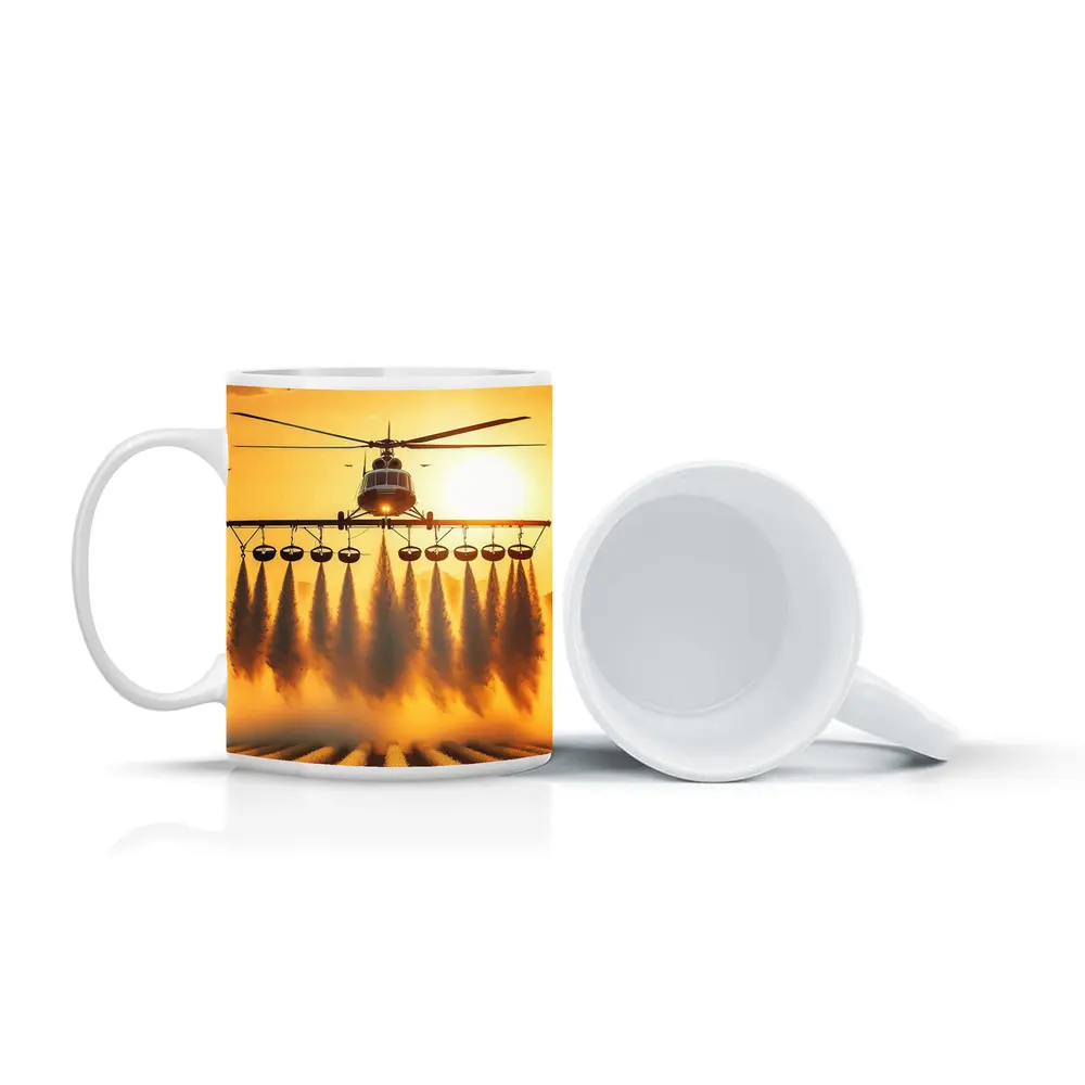 Agricultural Helicopter Spraying Fields Golden Sunset – Mugs