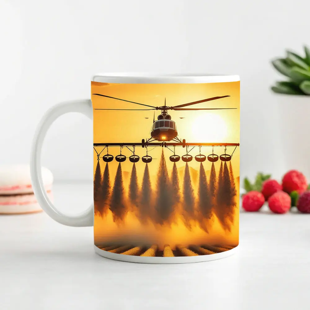 Agricultural Helicopter Spraying Fields Golden Sunset – Mugs