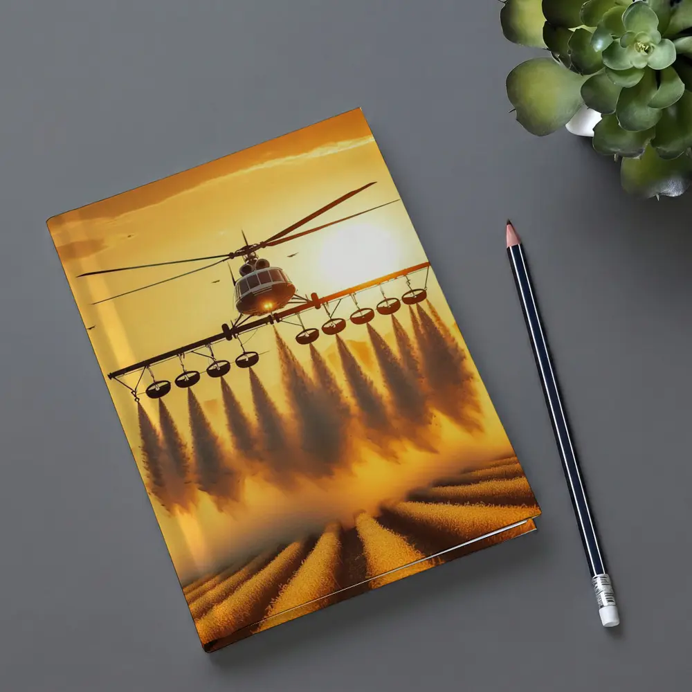 Agricultural Helicopter Spraying Fields Golden Sunset – Notebooks