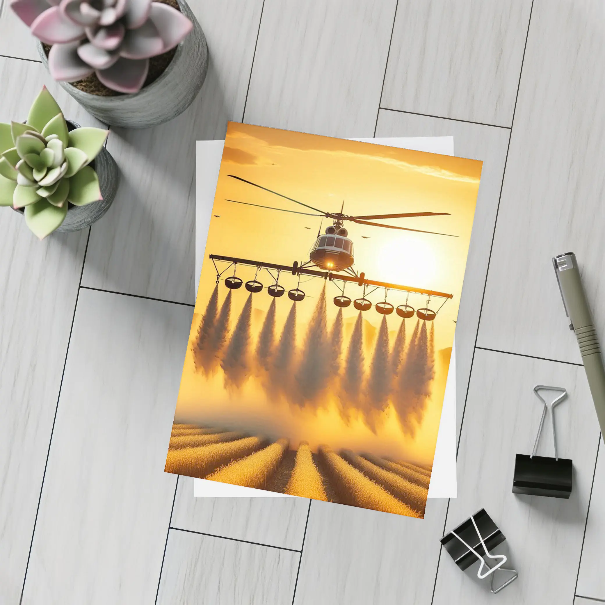Agricultural Helicopter Spraying Fields Golden Sunset – Postcards