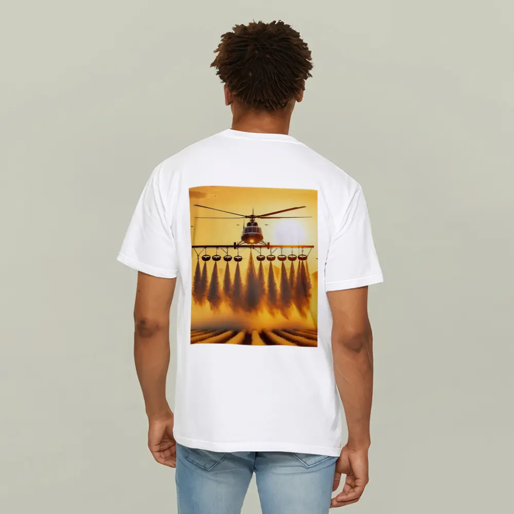 Agricultural Helicopter Spraying Fields Golden Sunset – T-Shirts