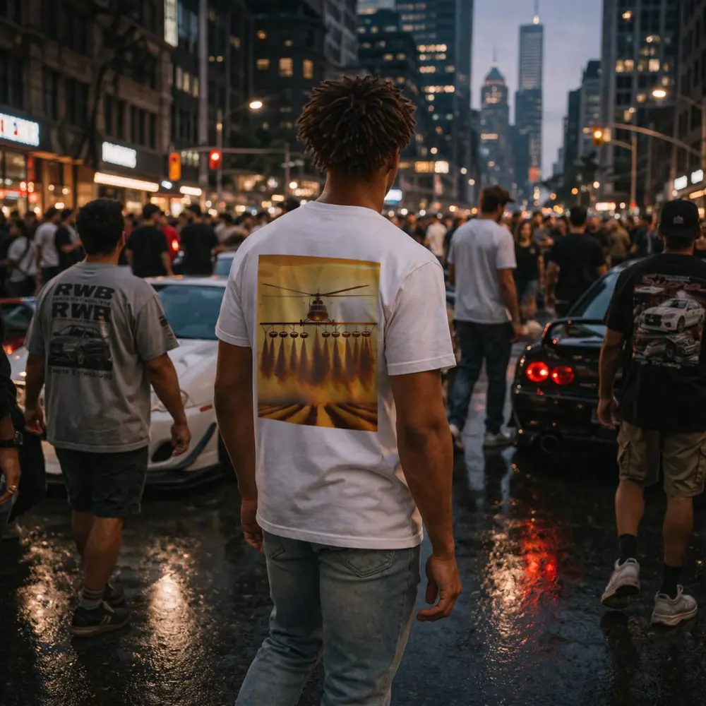 Agricultural Helicopter Spraying Fields Golden Sunset – T-Shirts