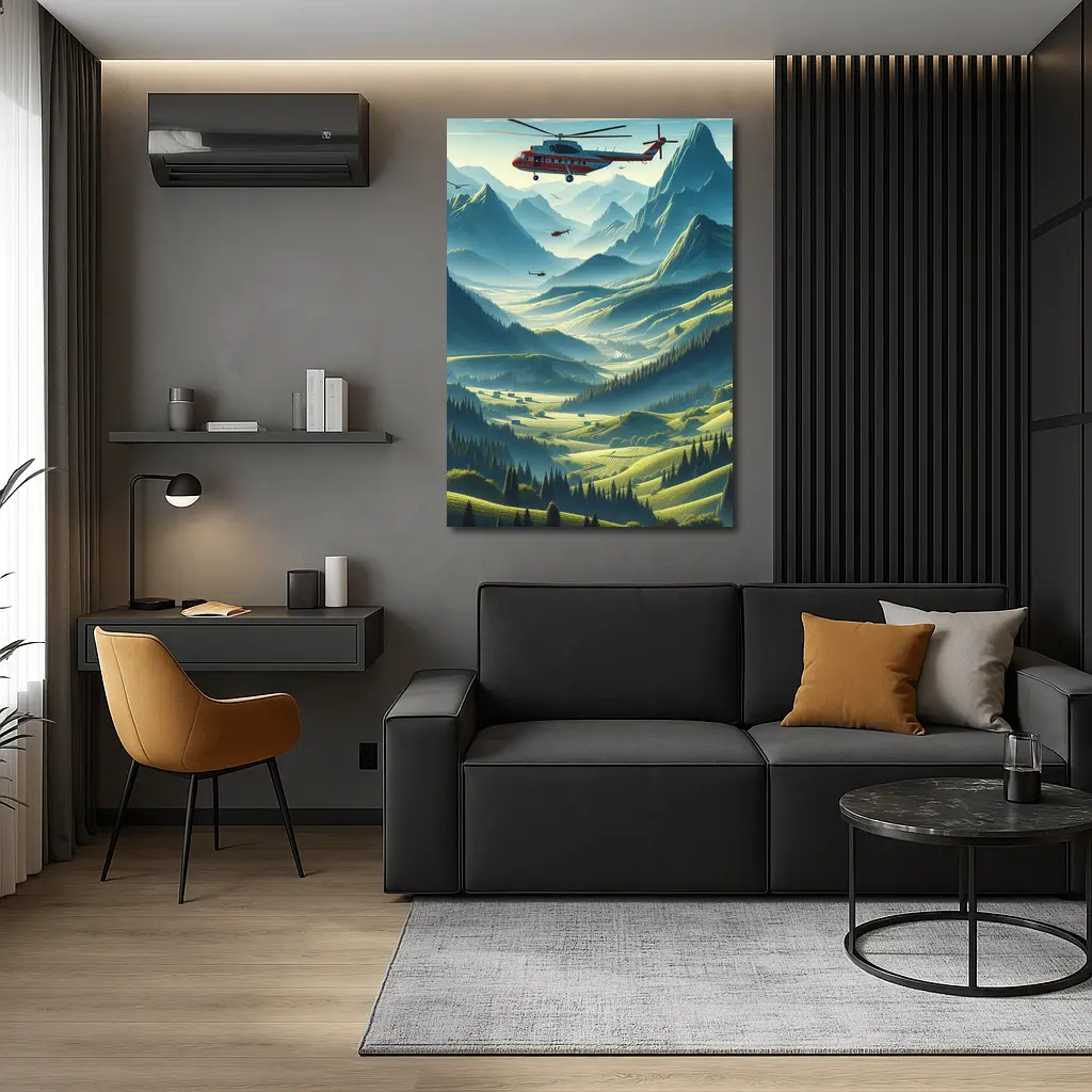 Red Helicopter Flying Over Mountain Valley – Wall Art