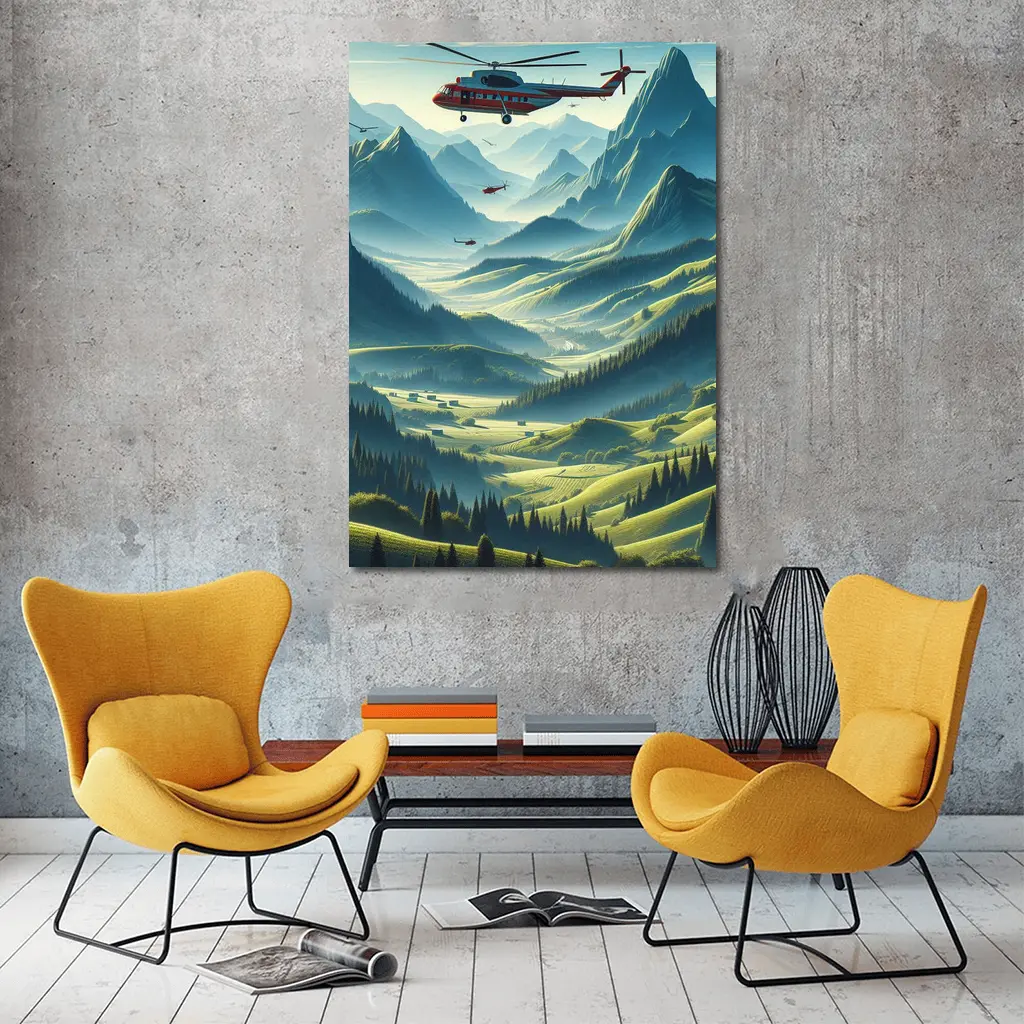 Red Helicopter Flying Over Mountain Valley – Wall Art