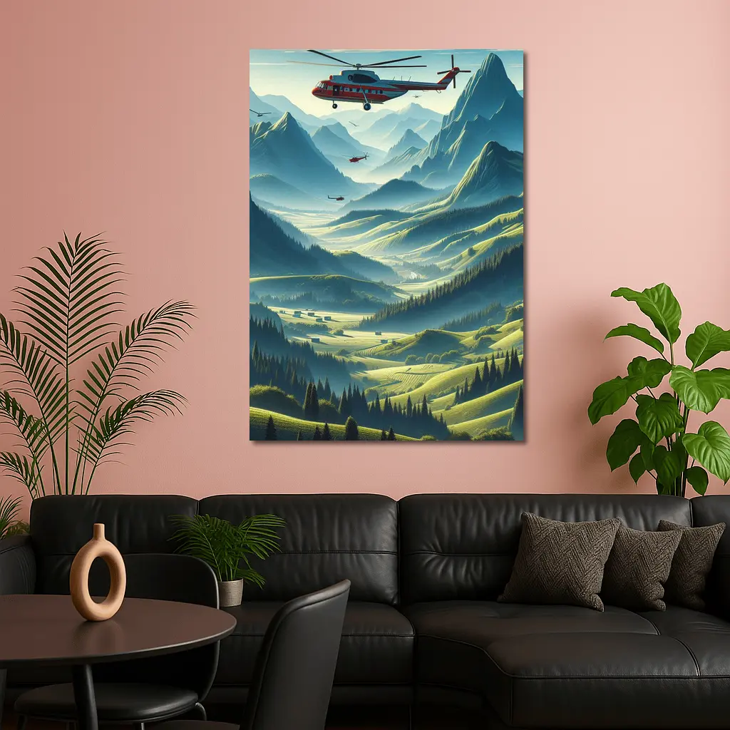 Red Helicopter Flying Over Mountain Valley – Wall Art