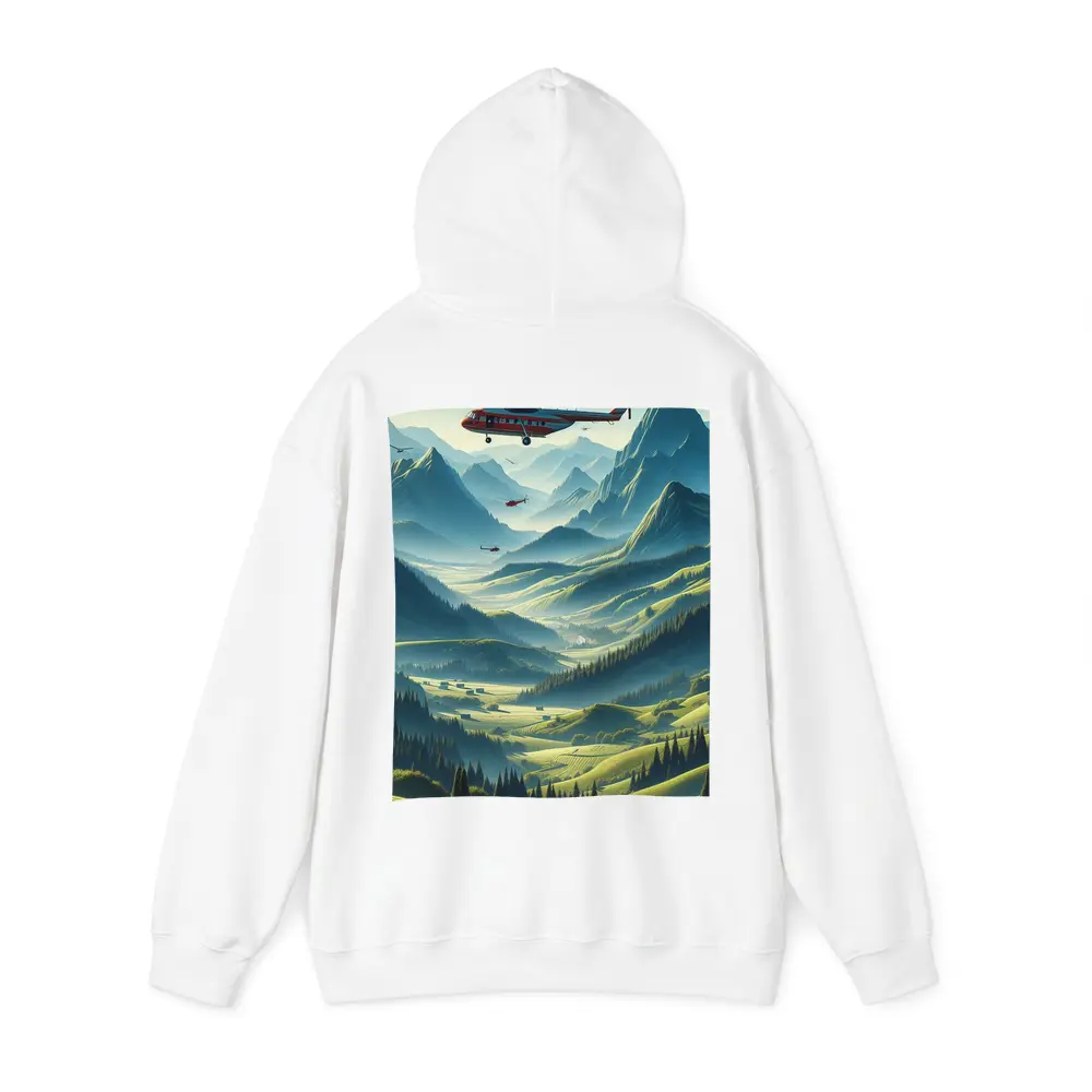 Red Helicopter Flying Over Mountain Valley – Hoodies