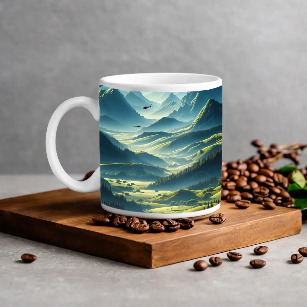 Red Helicopter Flying Over Mountain Valley – Mugs