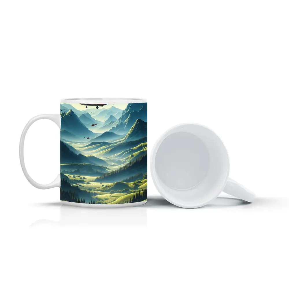 Red Helicopter Flying Over Mountain Valley – Mugs